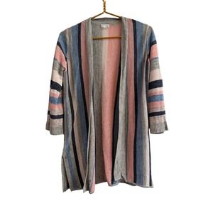 Ecru Striped 100% Linen Open Front Cardigan Sweater Size XS